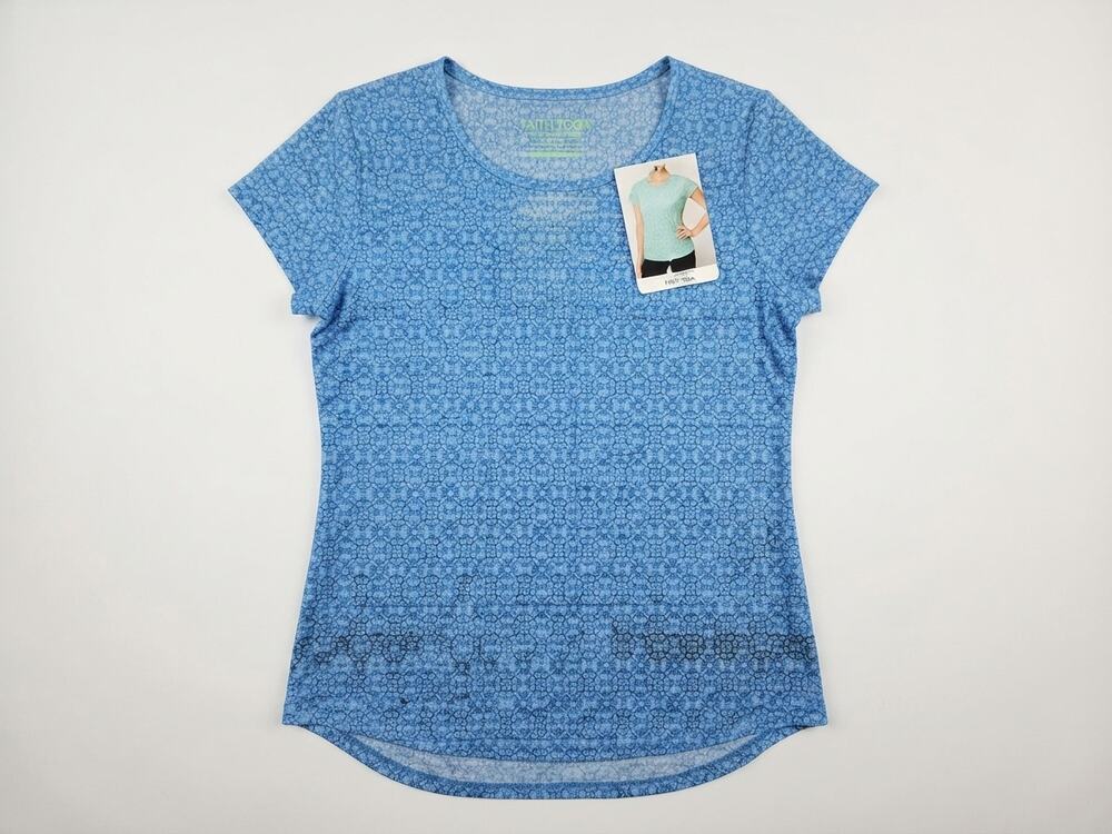 NEW Earth Yoga L Organic Cotton Blend T Shirt Blue Casual Sheer Comfort